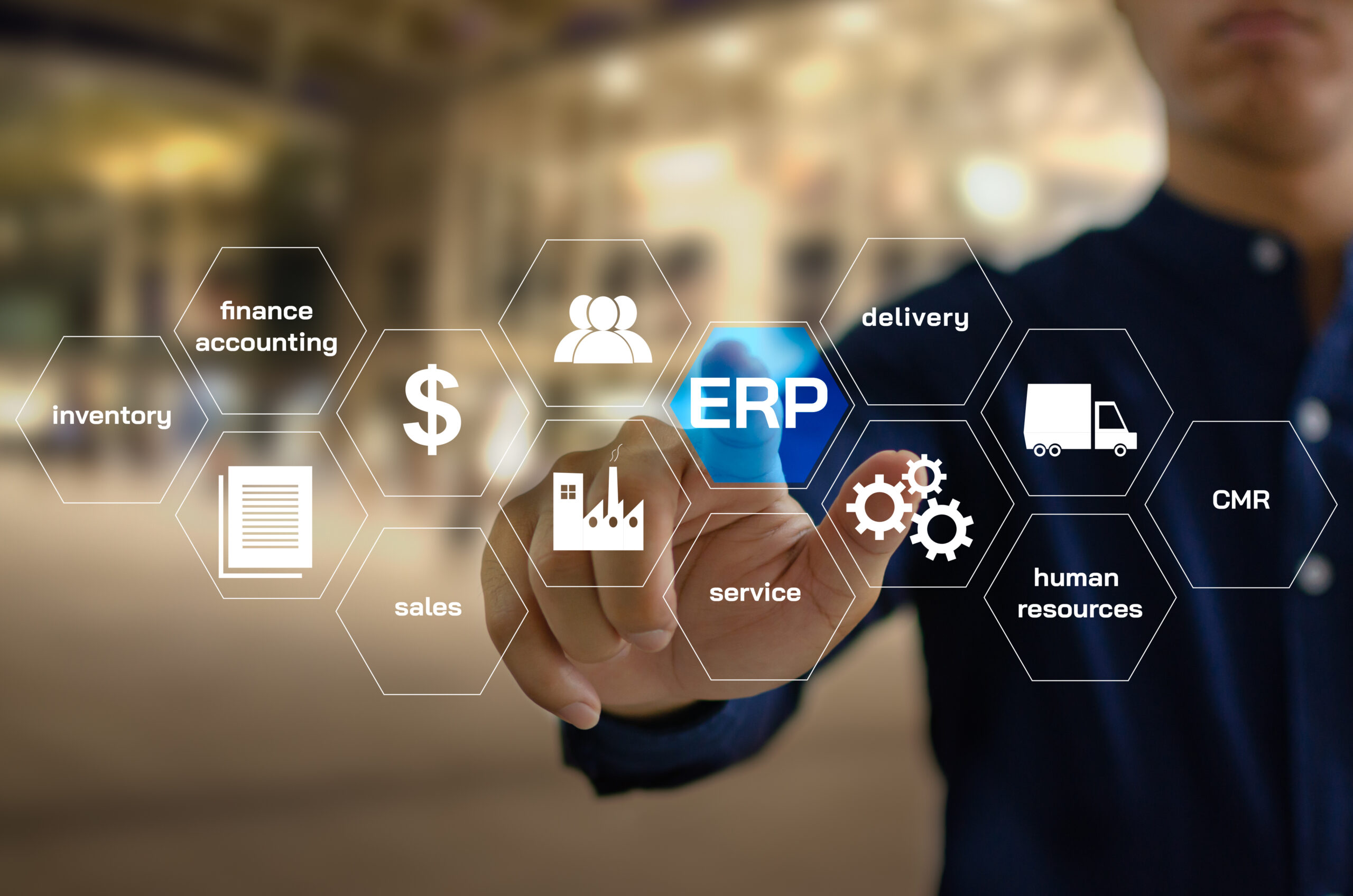ERP Enterprise Resource Planning.  Planning to manage the organization to be able to use resources efficiently and for maximum benefit. management concept icons on virtual screen.
